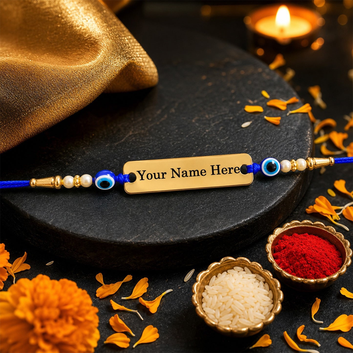 Customized Golden Nameplate Rakhi with Evil Eye Beads Rakhi for Brother