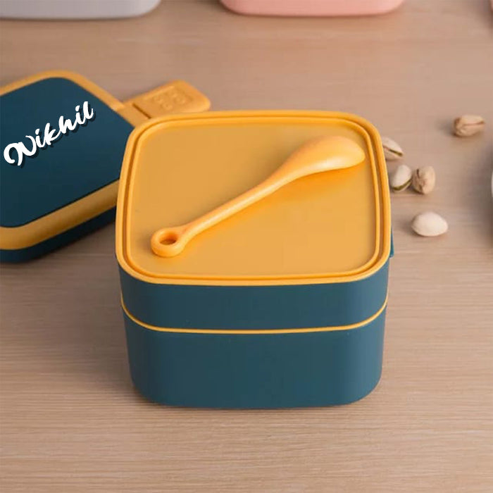 Customized BLUE DOUBLE-LAYER PORTABLE LUNCH BOX STACKABLE WITH CARRYING HANDLE AND SPOON LUNCH BOX , Bento Lunch Box