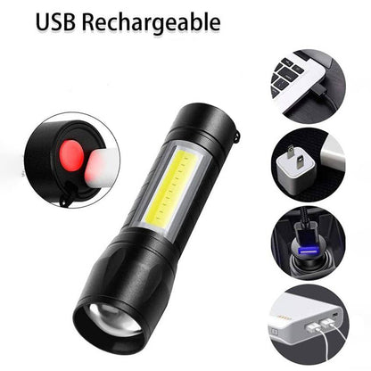 LED USB Rechargeable Mini Flashlight – Ultra-Bright Zoom & COB Side Lantern, Tactical Emergency Light