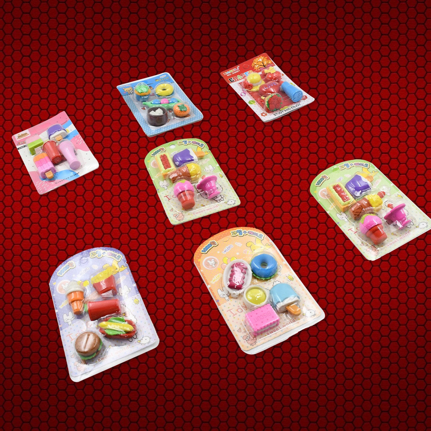 Eraser set with different designs and colors for kids, perfect for gifts and prizes.