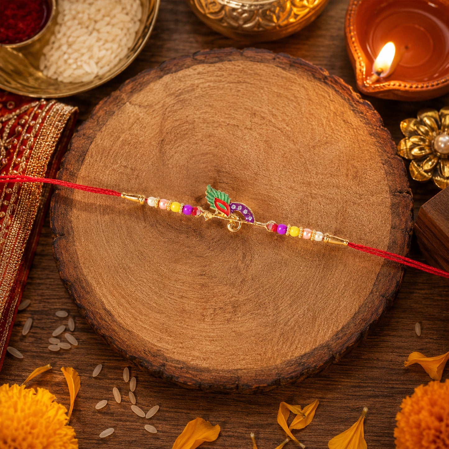 Artistic rakhi decorated with colorful beads and bird motif