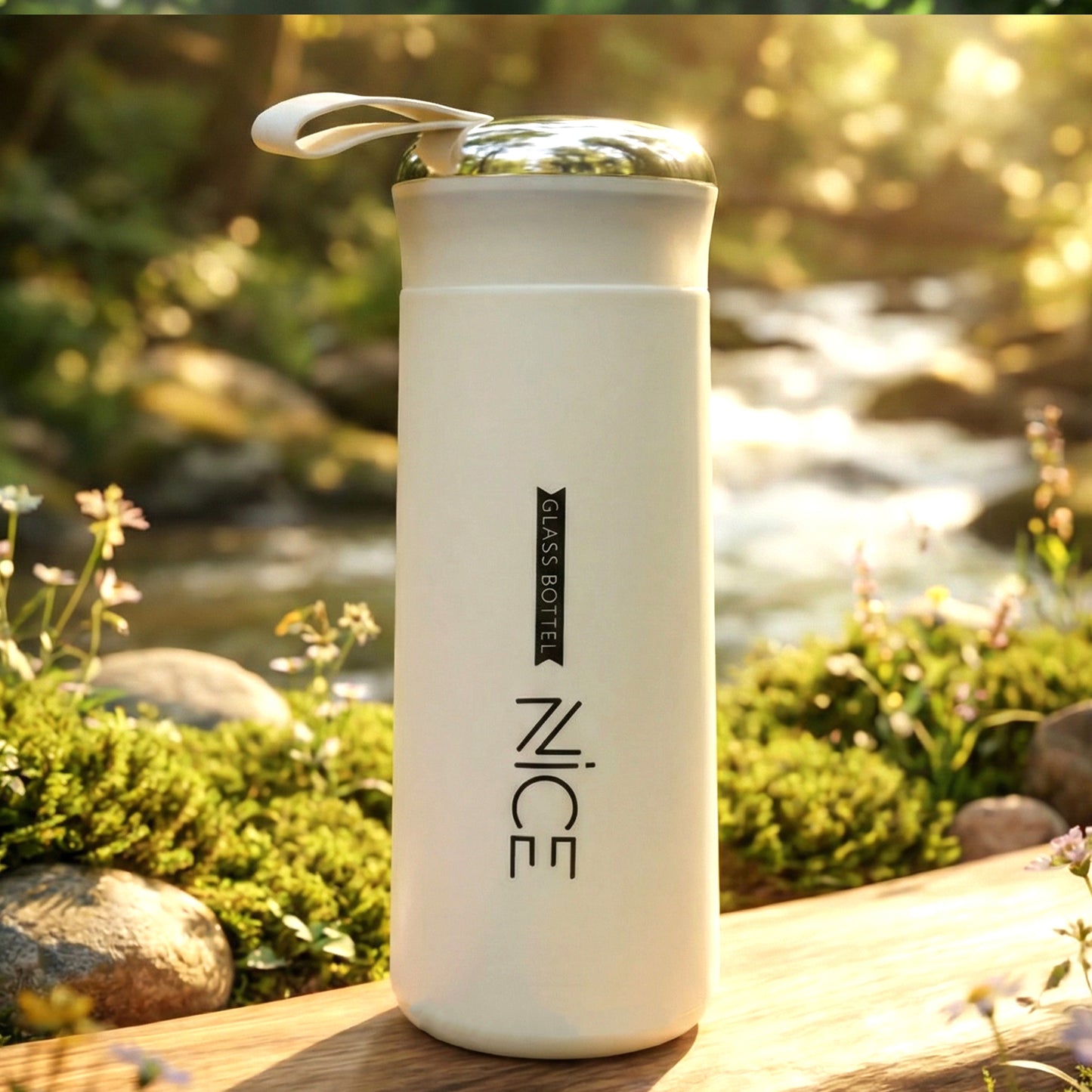 Premium white glass water bottle with protective outer cover