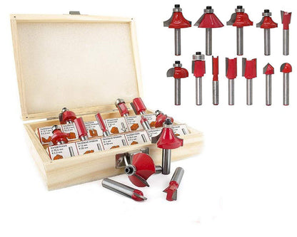 Set of 12/15 milling cutter router bits, showing various shapes and sizes.