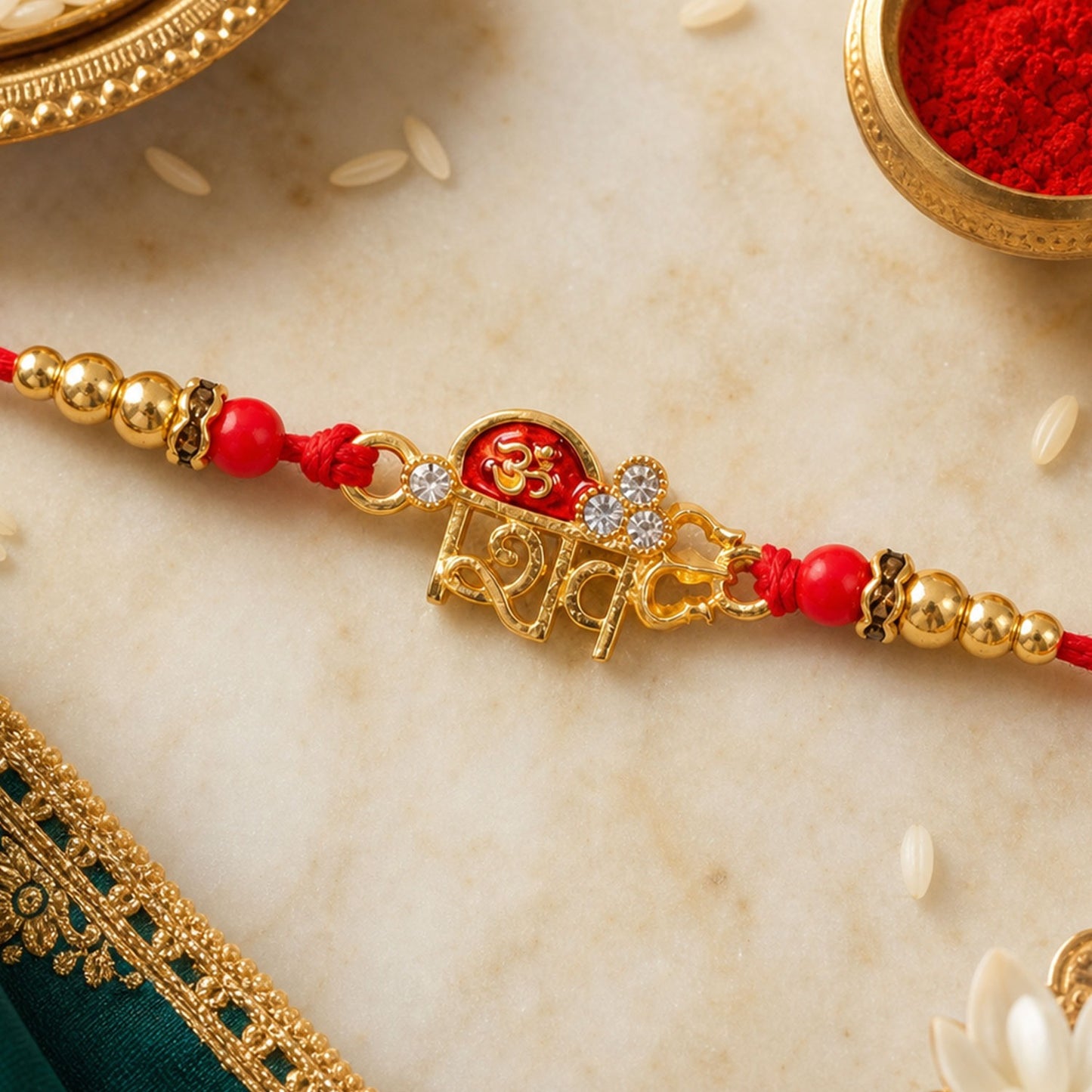 A red thread bracelet with golden beads and a central gold-toned charm featuring a red Om symbol and clear stones.