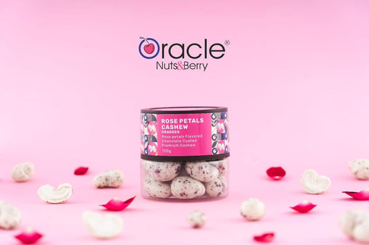 Oracle Nuts & Berry Rose Petals Cashew Dragees – 120gm | Premium Chocolate Coated Cashews with Rose Petals Flavor