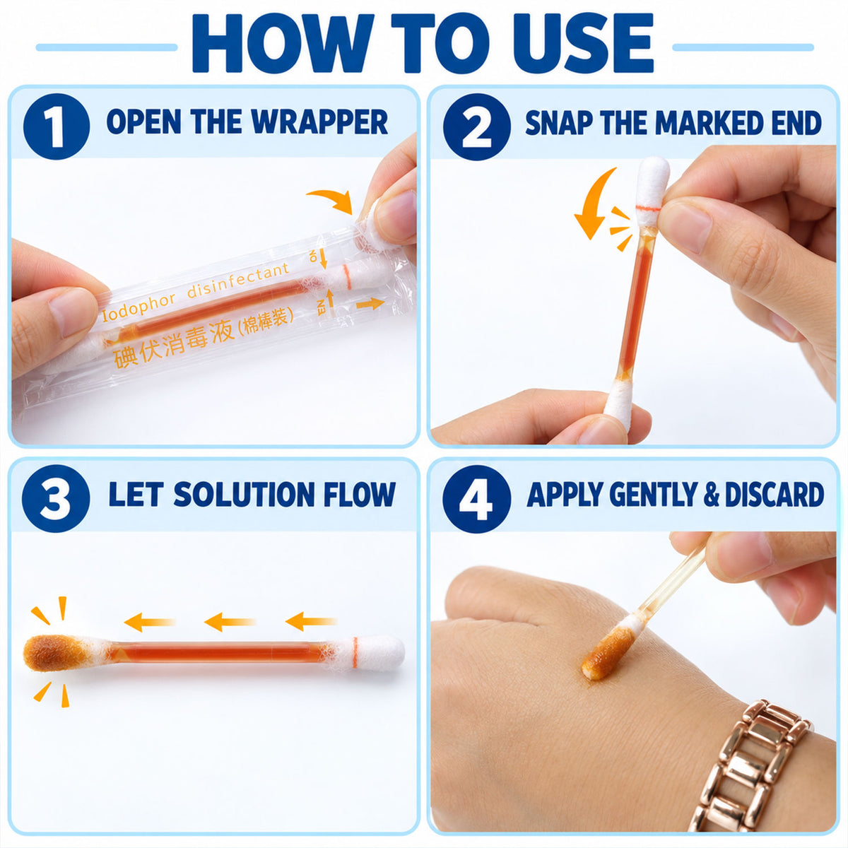 Individually Wrapped Iodine Swab Sticks with Dual Cotton Tips (50 Pc)