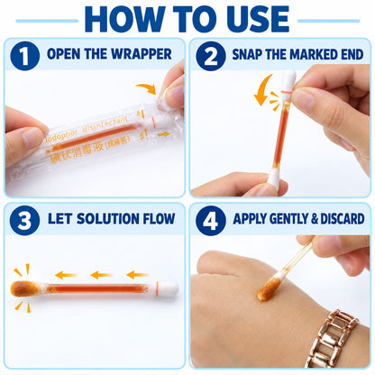Individually Wrapped Iodine Swab Sticks with Dual Cotton Tips (50 Pc)