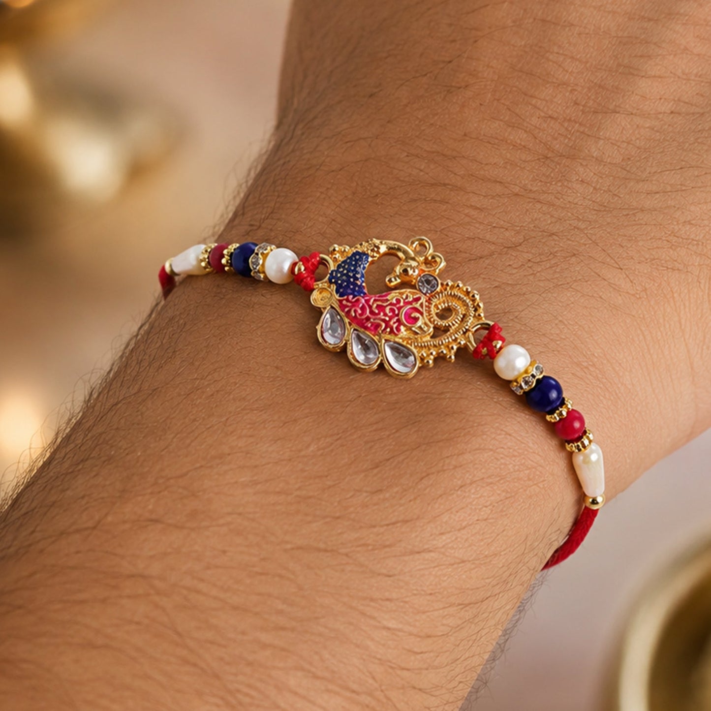 Peacock Kundan Beaded Designer Rakhi with Pearl Detail Work (5pcs)
