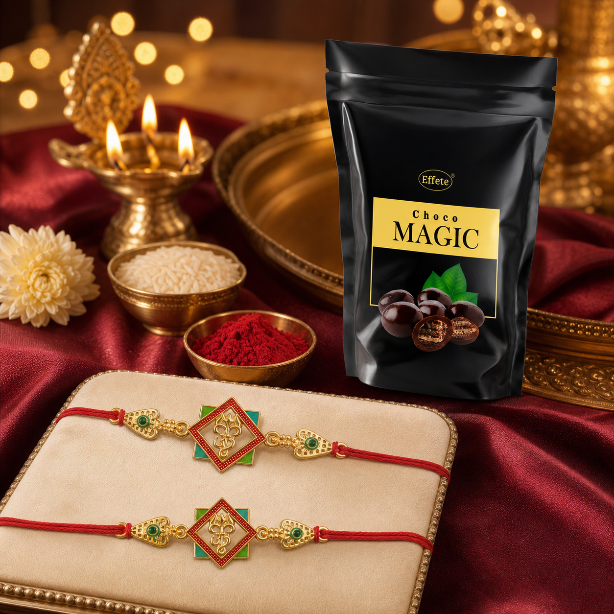 Geometric Om Meenakari Rakhi with Choco Magic Pouch, Pack of 2