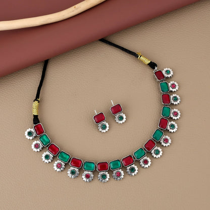 Dual-Tone Oxidized Choker Set with Pink and Green Stones