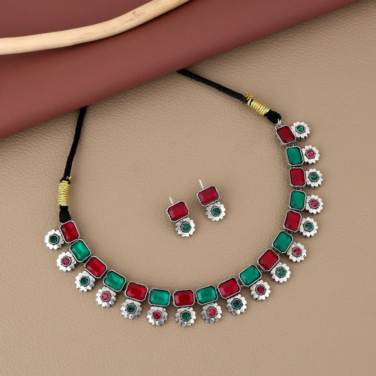 Dual-Tone Oxidized Choker Set with Pink and Green Stones