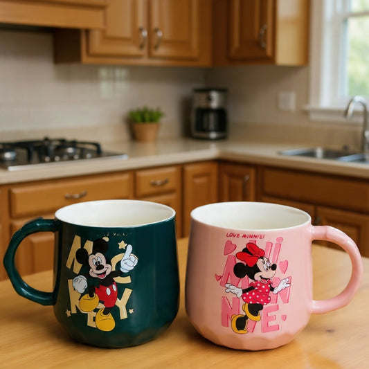 Cartoon Couple Printed Ceramic Mug Set of 2 with Spoons Gift Set (Design may vary)