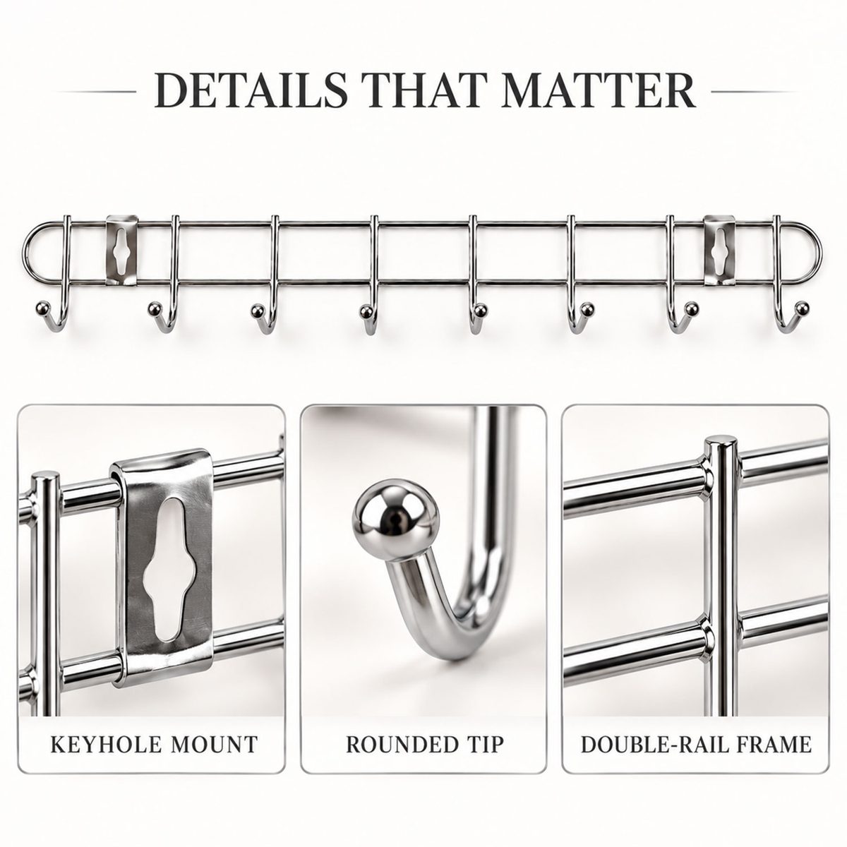 Steel Wall Mount Hanger Rack with 8 Rounded Hooks (1 Pc, Approx. 47 cm)