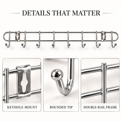 Steel Wall Mount Hanger Rack with 8 Rounded Hooks (1 Pc, Approx. 47 cm)