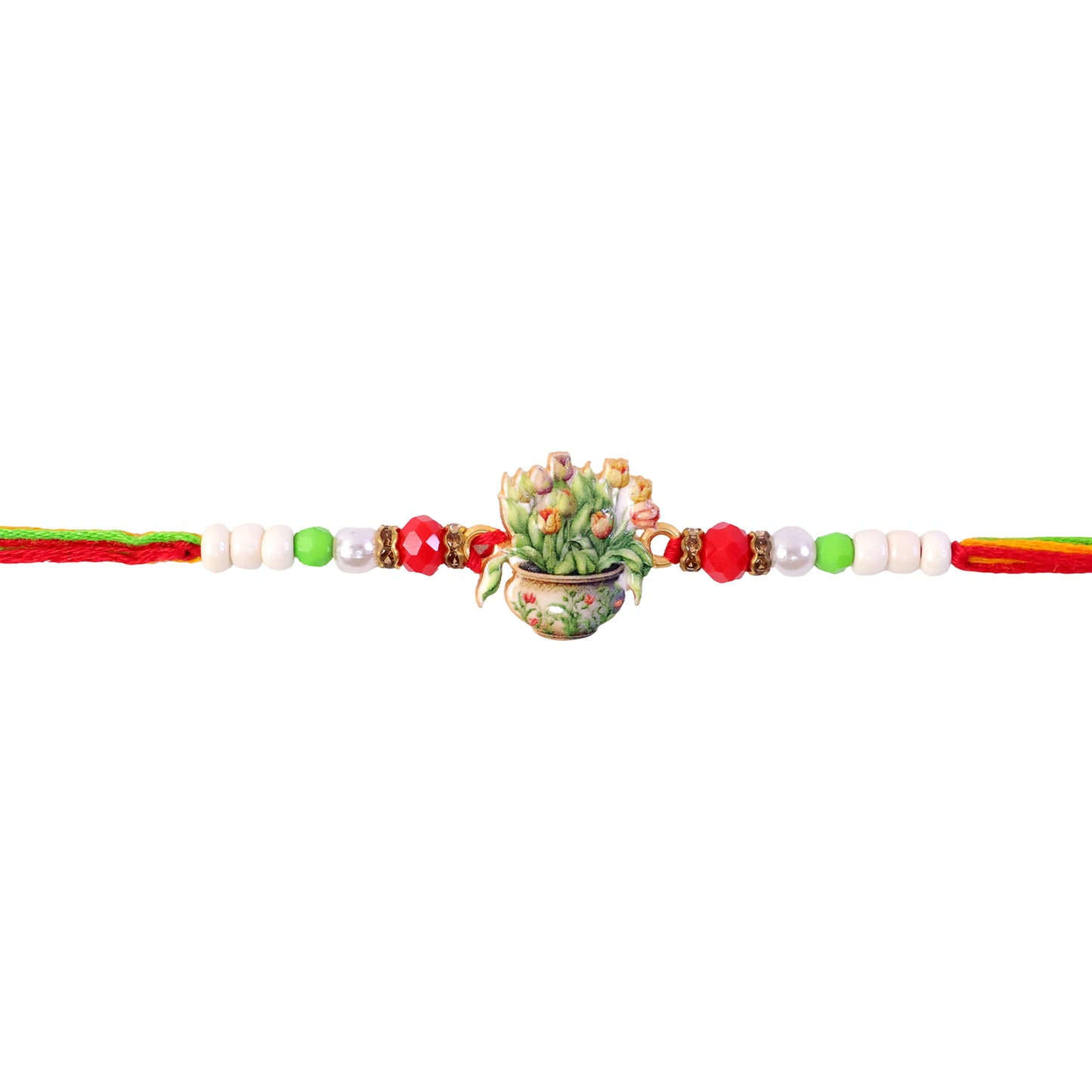 Auspicious Floral Kalash Devotional Rakhi for Brother with Beads Gift