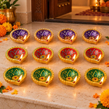 Decorative Painted Clay Diyas with Lotus Motifs and Gold-Tone Rims (12 Pc)