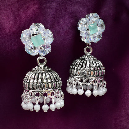 Stylish Jhumka Earrings for Women, Silver Tone with Crystals, Stones and Beads, Indian Style