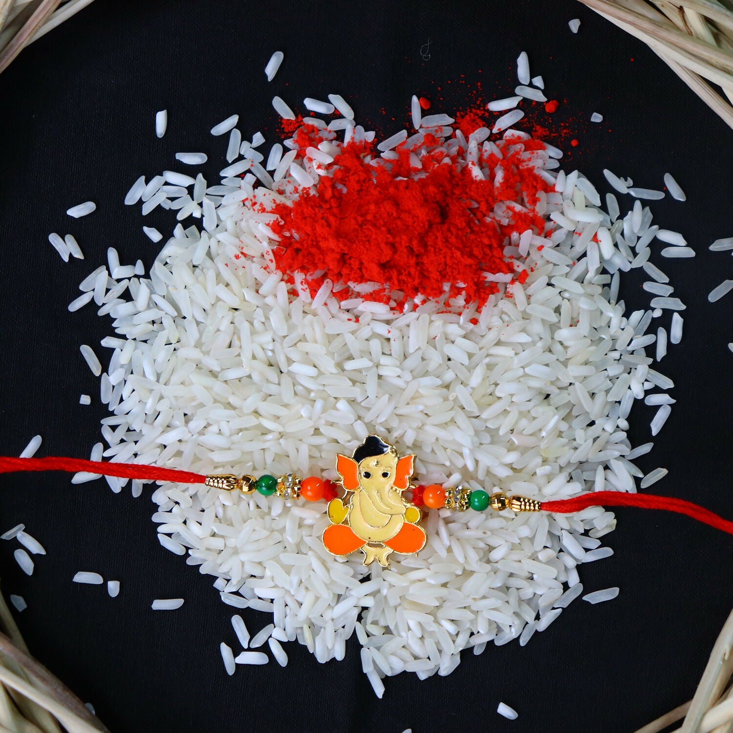 Bal Ganesha Rakhi Vibrant Orange-Green Beads & Red Thread (5pcs)