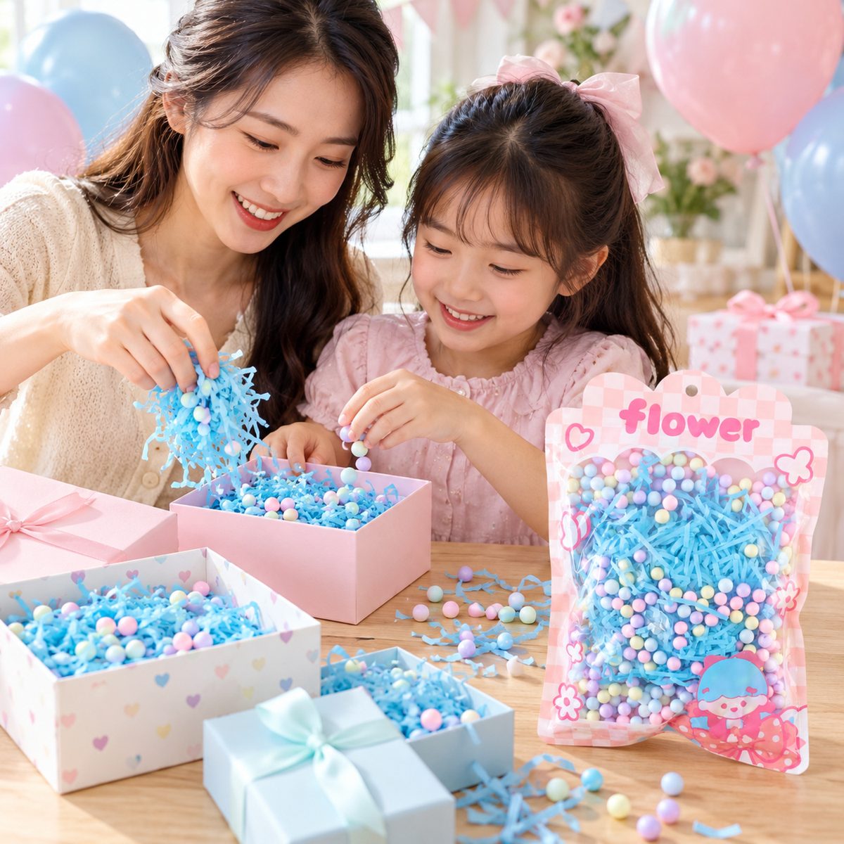 A mother and daughter smiling while adding blue shredded paper and foam balls to gift boxes on a wooden table.
