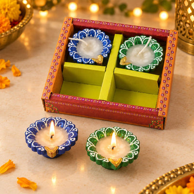 Decorative Flower-Shaped Clay Wax Diyas in Blue & Green (4 Pc)