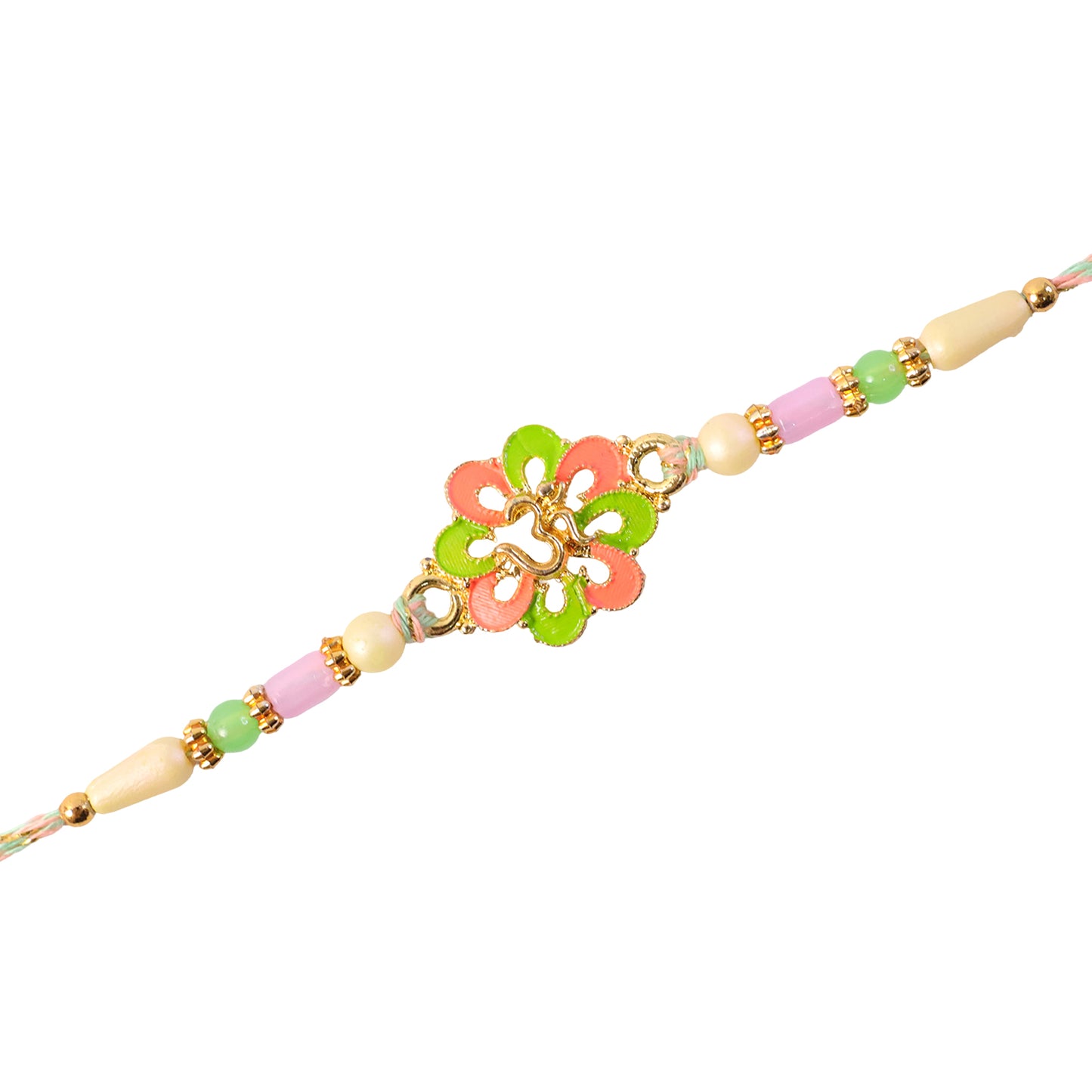 Om Flower Pendant Rakhi with Coral and Green Enamel