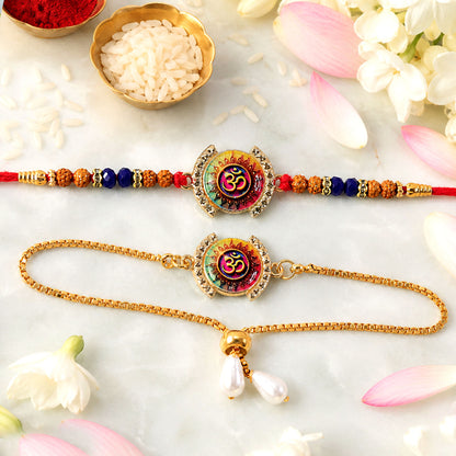 Om Mandala Motif Rudraksha Crystal Beads Bhai Bhabhi Rakhi Lumba Set