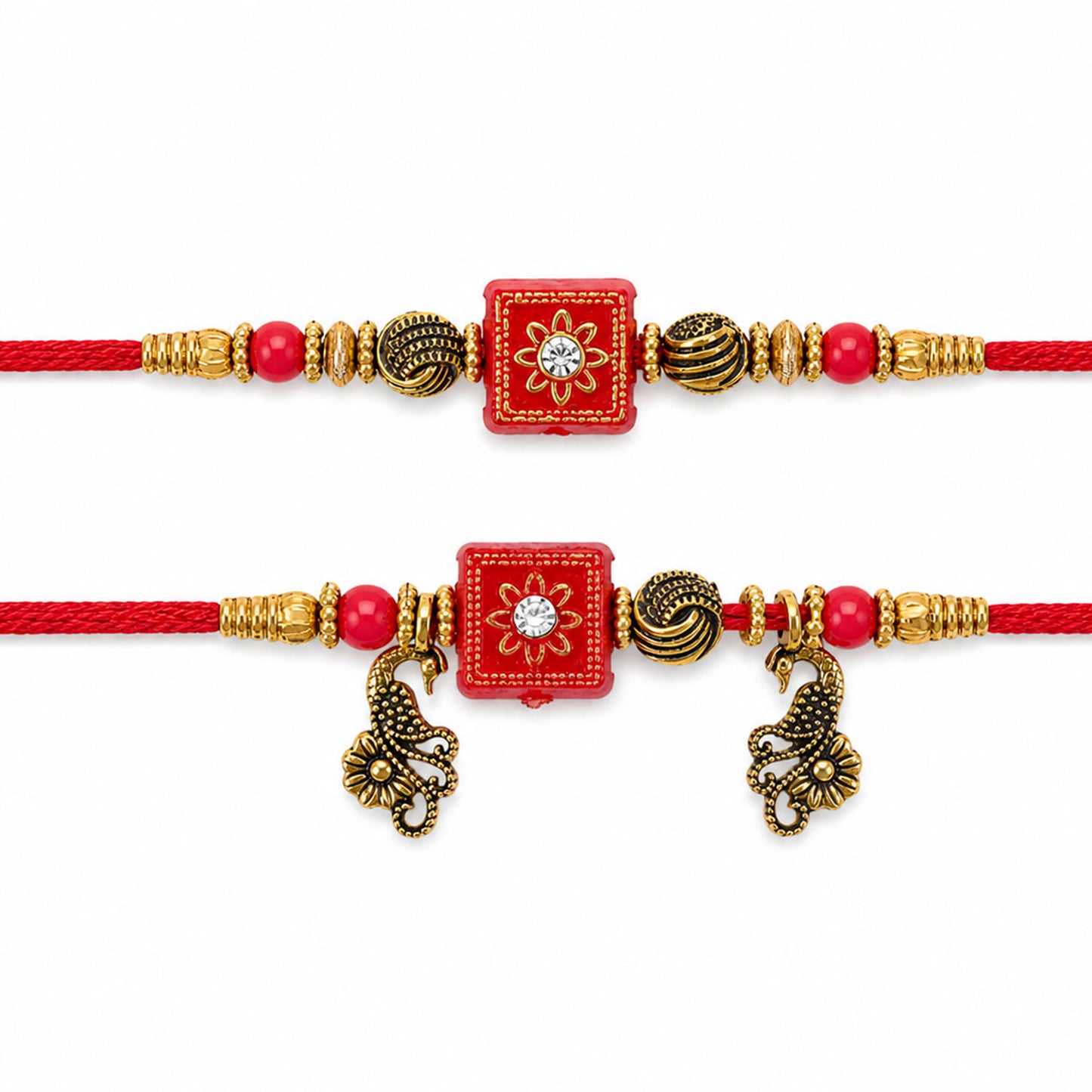 Classic Geometric Square Bhai Bhabhi Rakhi with Square Bead and Leaf Charm for Gift