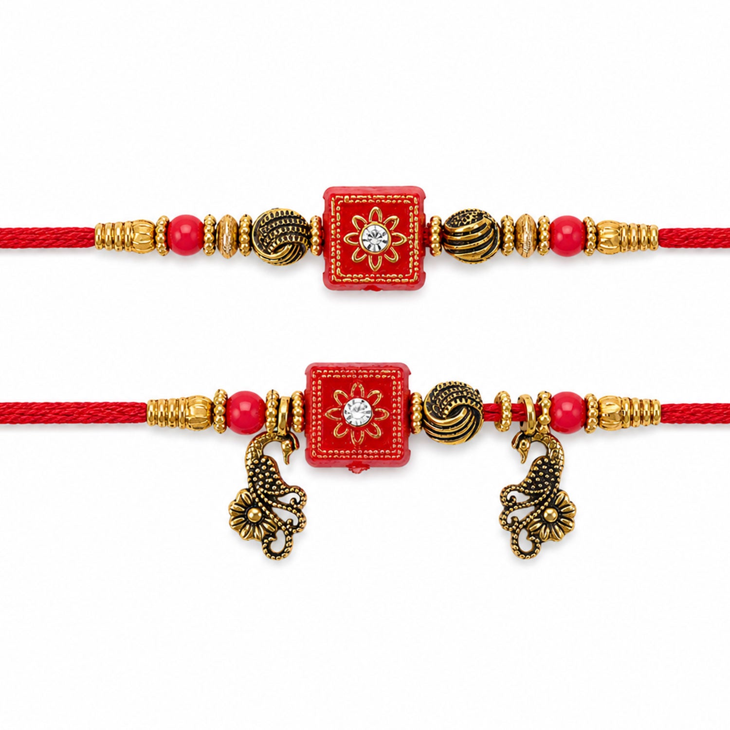Classic Geometric Square Bhai Bhabhi Rakhi with Square Bead and Leaf Charm for Gift
