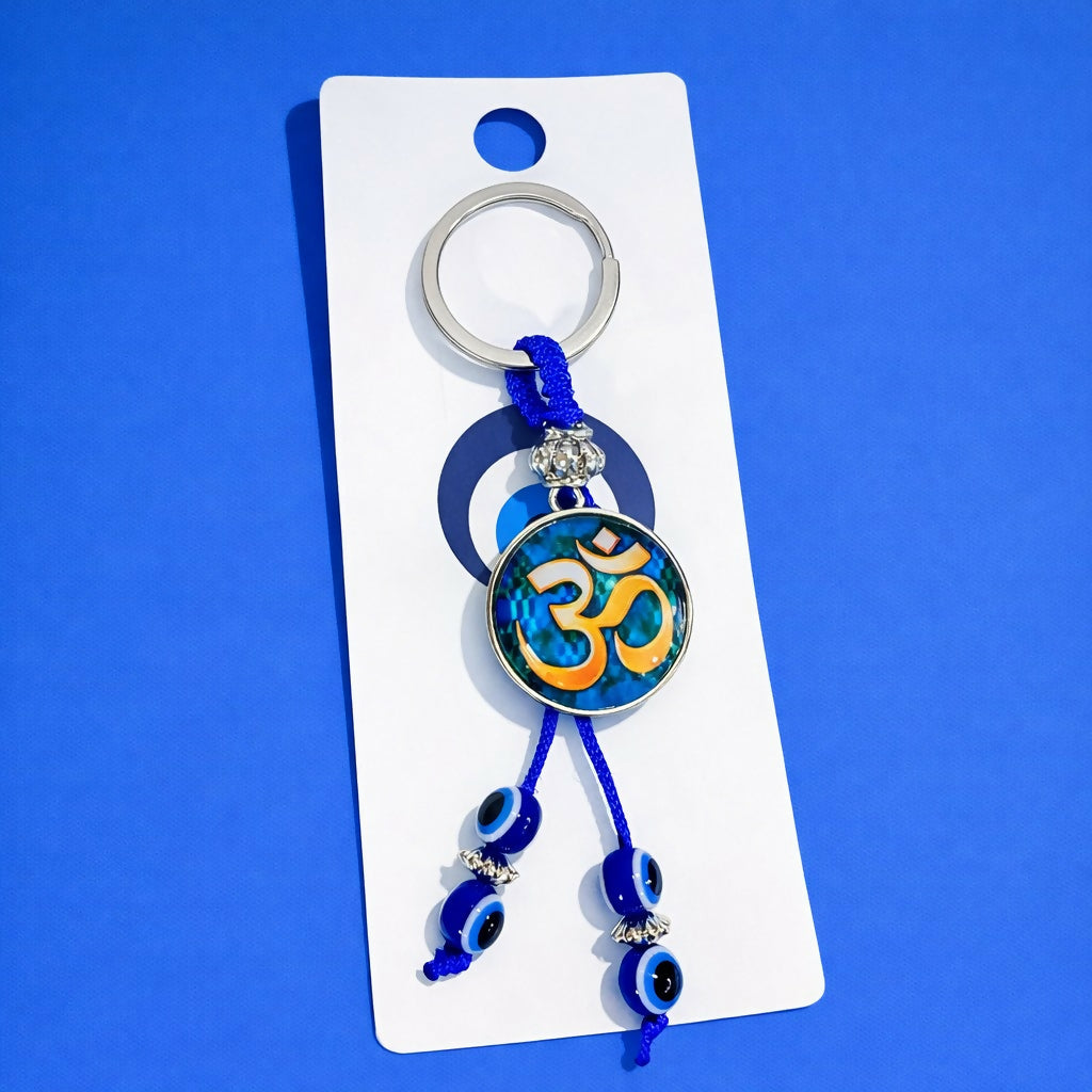 Om Evil Eye Keychain with Blue Beads for Car Keys, Bags & Gifting