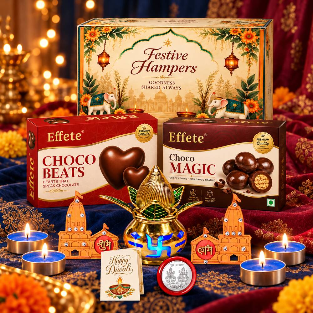 A festive hamper box, two chocolate boxes, a golden kalash, two orange temple decorations, a Happy Diwali card, and – view 2
