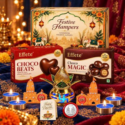 A festive hamper box, two chocolate boxes, a golden kalash, two orange temple decorations, a Happy Diwali card, and – view 2