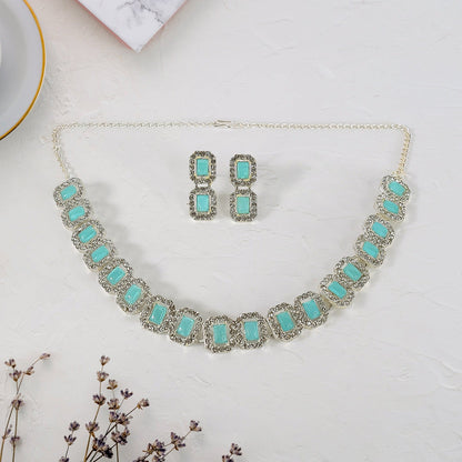 Sky Blue American Diamond Studded Jewellery Necklace Set