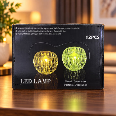 Black box with text and two glowing crystal-look LED lamps, one yellow, one green, on a wooden surface.