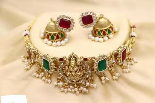 traditional Gold-Plated Lakshmi Temple Choker Set with Jhumkas