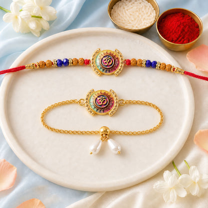 Om Mandala Motif Rudraksha Crystal Beads Bhai Bhabhi Rakhi Lumba Set
