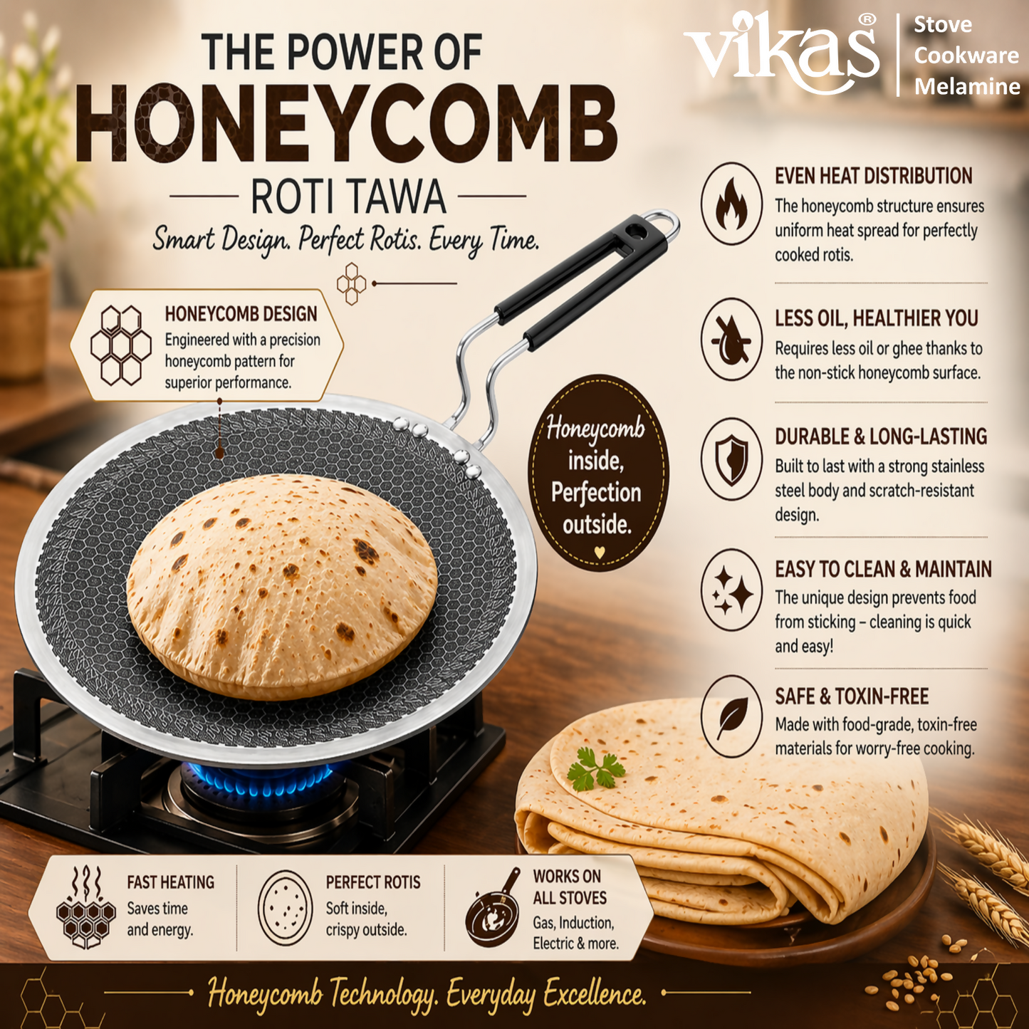 Honeycomb pattern on Vikas Roti Tawa surface