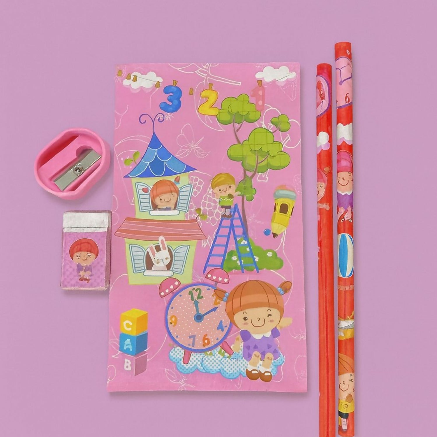 Girls Cartoon Stationery Set with Notebook, Pencils, Eraser & Pouch