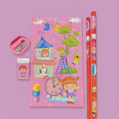 Girls Cartoon Stationery Set with Notebook, Pencils, Eraser & Pouch