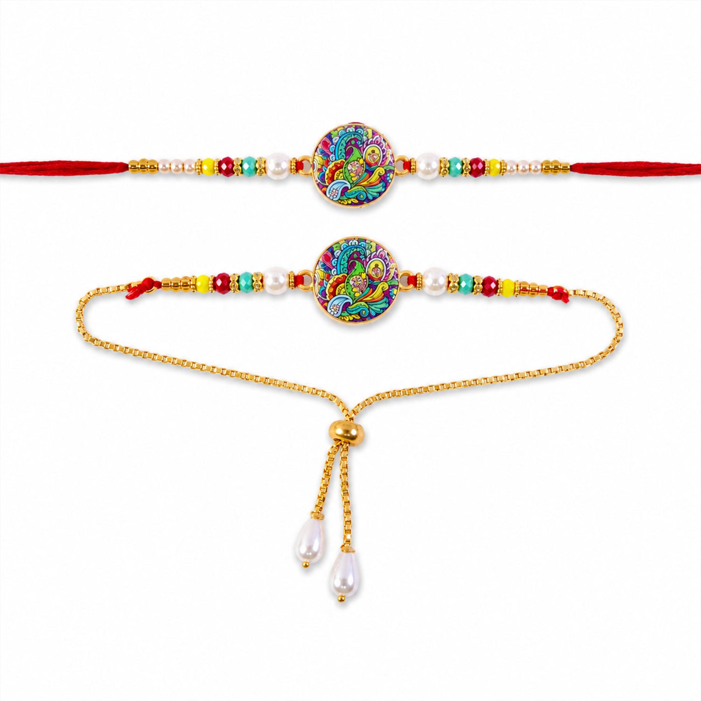 Bhaiya Bhabhi Peacock Meenakari Rakhi & Pearl Drop Lumba
