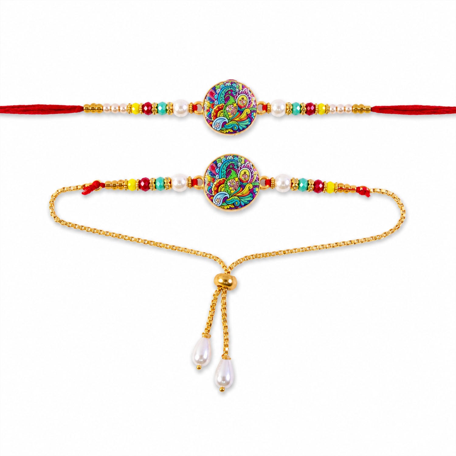 Bhaiya Bhabhi Peacock Meenakari Rakhi & Pearl Drop Lumba