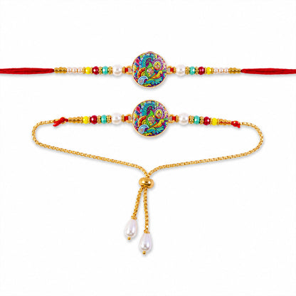 Bhaiya Bhabhi Peacock Meenakari Rakhi & Pearl Drop Lumba