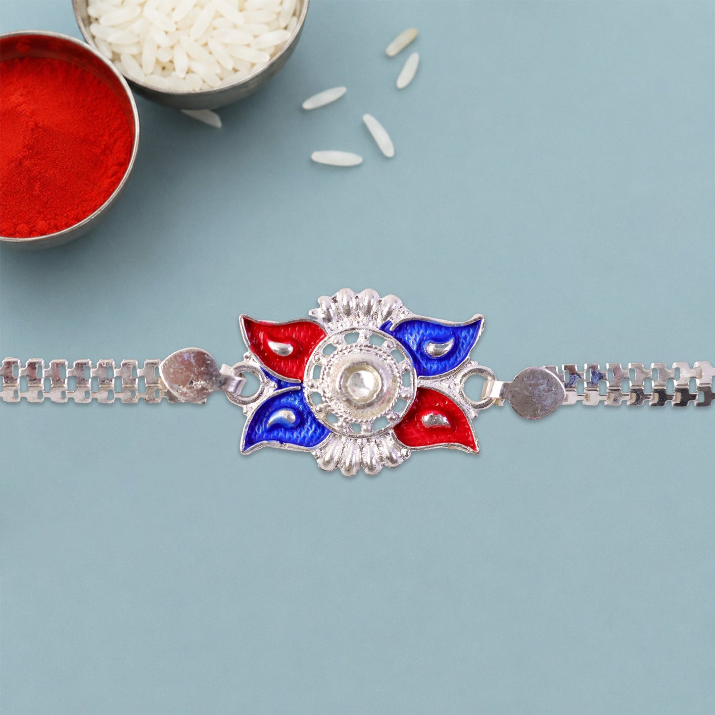 Sun Design Rakhi Red Blue Enamel & Silver-Tone Chain (10pcs)