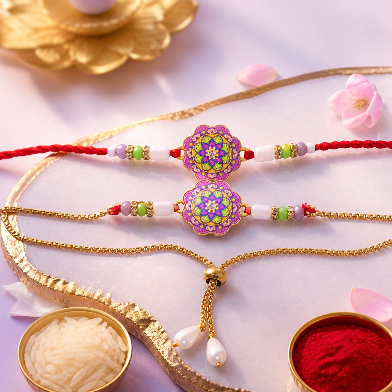 Floral Meenakari Bhai Bhabhi Lumba Rakhi with Pearl Hanging Pair