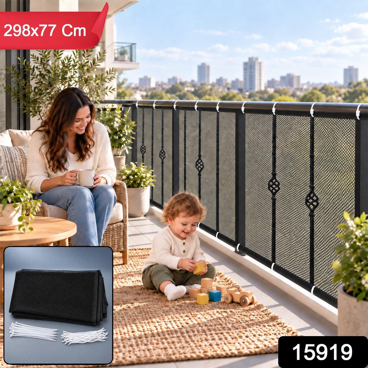 Balcony and Stair Railing Safety Net 298x77 Cm with Fastening Ties (1 Pc)