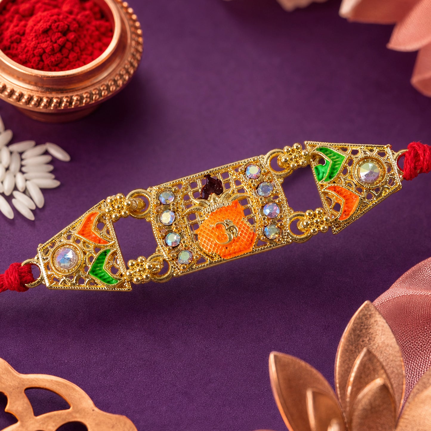 Premium Rakhi with Ornate Rectangular Plaque, crystal borders and chain look for Gift