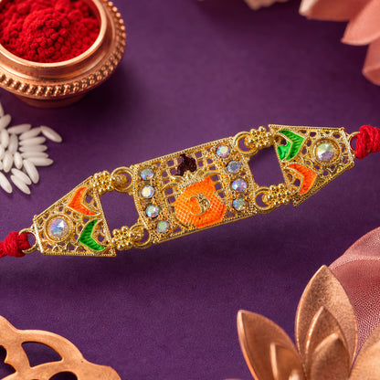 Premium Rakhi with Ornate Rectangular Plaque, crystal borders and chain look for Gift