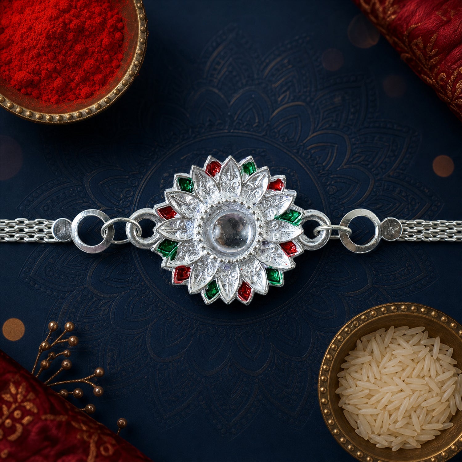 Silver Floral AD Bracelet Rakhi with Choco Magic, Pack of 3