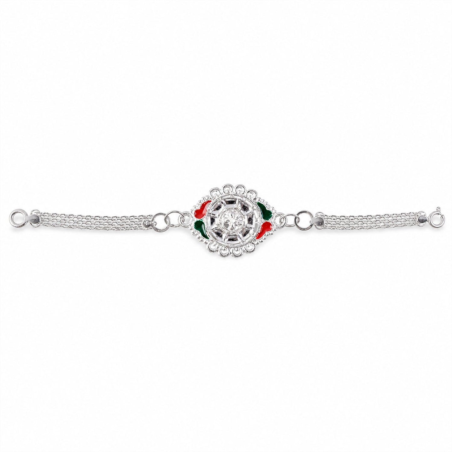 Silver Floral Rakhi Meenakari & Chain for Brothers (5pcs)