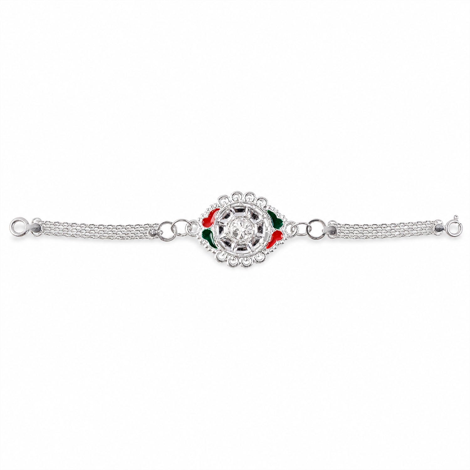 Silver Floral Rakhi Meenakari & Chain for Brothers (5pcs)