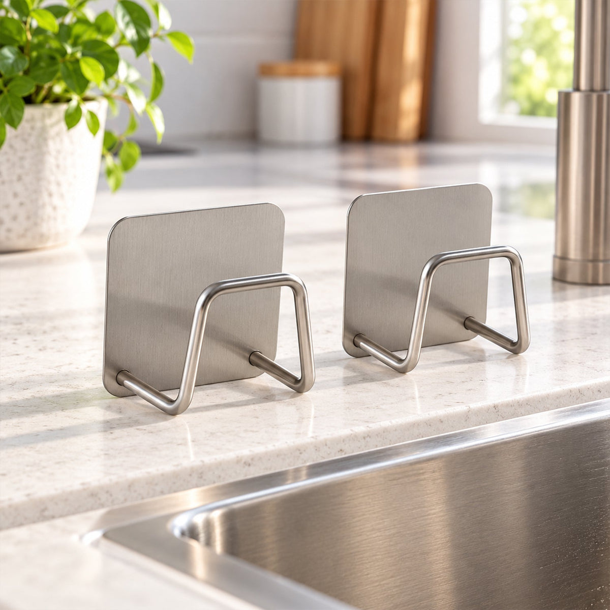 Self Adhesive Steel Sink Sponge Holder Hooks for Kitchen Scrubbers (2 Pc)